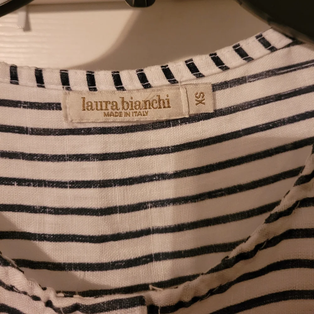 Laura Bianchi Navy White Striped Short Sleeve Dress Linen Size XS - Picture 2 of 9